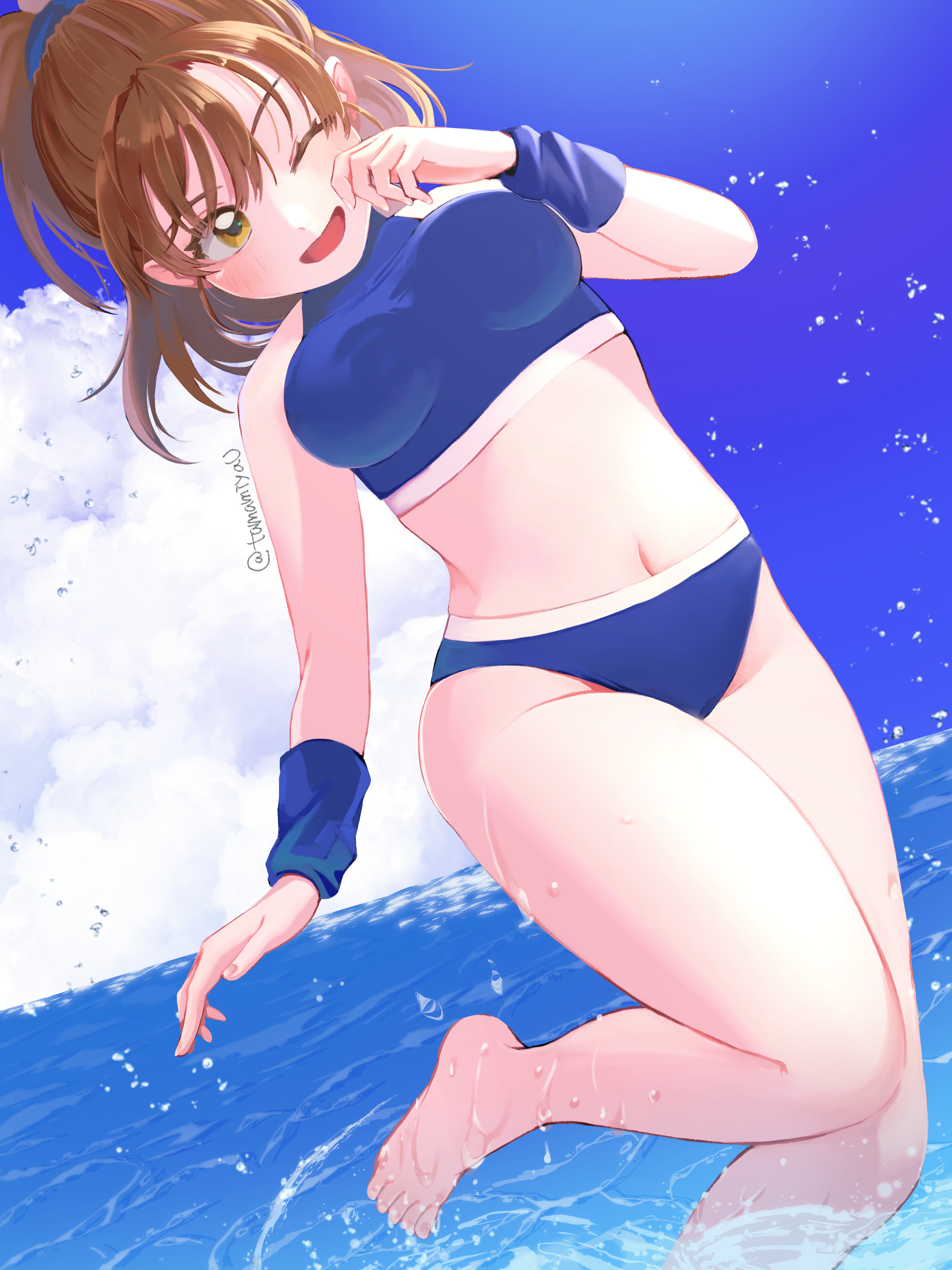 arle nadja, madou monogatari, puyopuyo, absurdres, commentary request, highres, 1girl, arm warmers, bikini, blue bikini, blue scrunchie, blue sky, breasts, brown eyes, cloud, feet, hair ornament, hair scrunchie, hand on own face, medium breasts, navel, one eye closed, open mouth, partially submerged, ponytail, scrunchie, short hair, sidelocks, sky, solo, sports bikini, swimsuit, tamamiyau, twitter username, wet