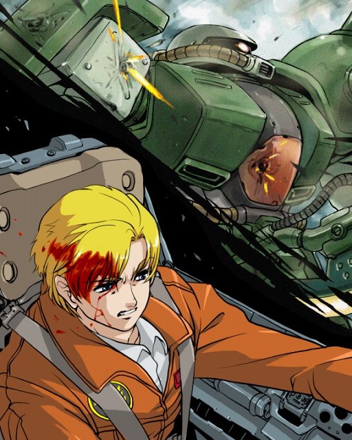 fujisawa takashi, bernard wiseman, zaku, zaku ii, zaku ii fz kai, gundam, gundam 0080, 1980s (style), bad id, bad pixiv id, 1boy, axe, blonde hair, blood, blue eyes, bullet hole, cockpit, damaged, injury, male focus, mecha, oldschool, retro artstyle, robot, solo, weapon