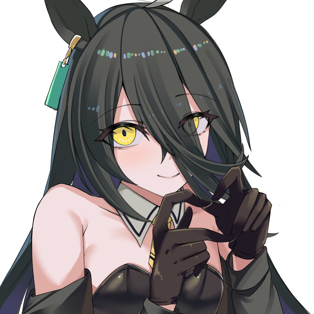 lengkuass, manhattan cafe (umamusume), umamusume, highres, 1girl, ahoge, animal ears, bare shoulders, black gloves, black leotard, breasts, closed mouth, detached collar, ear ornament, ear tag, earrings, gloves, hair between eyes, hands up, horse ears, horse girl, jewelry, leotard, long bangs, long hair between eyes, long sleeves, multicolored hair, necktie, off shoulder, short necktie, single earring, small breasts, smile, solo, strapless, strapless leotard, white hair, yellow eyes, yellow necktie