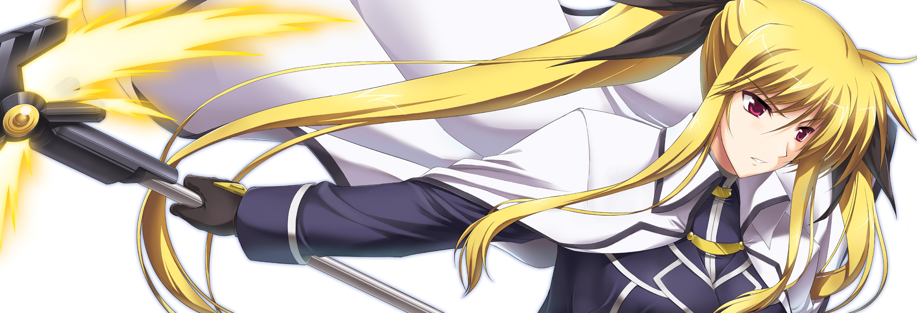 ishigaki takashi, bardiche (haken form) (nanoha), bardiche (nanoha), fate testarossa, fate testarossa (impulse form), lyrical nanoha, mahou shoujo lyrical nanoha, mahou shoujo lyrical nanoha strikers, bad id, bad pixiv id, highres, long image, wide image, 00s, blonde hair, gloves, long hair, red eyes, ribbon, solo, twintails, very long hair