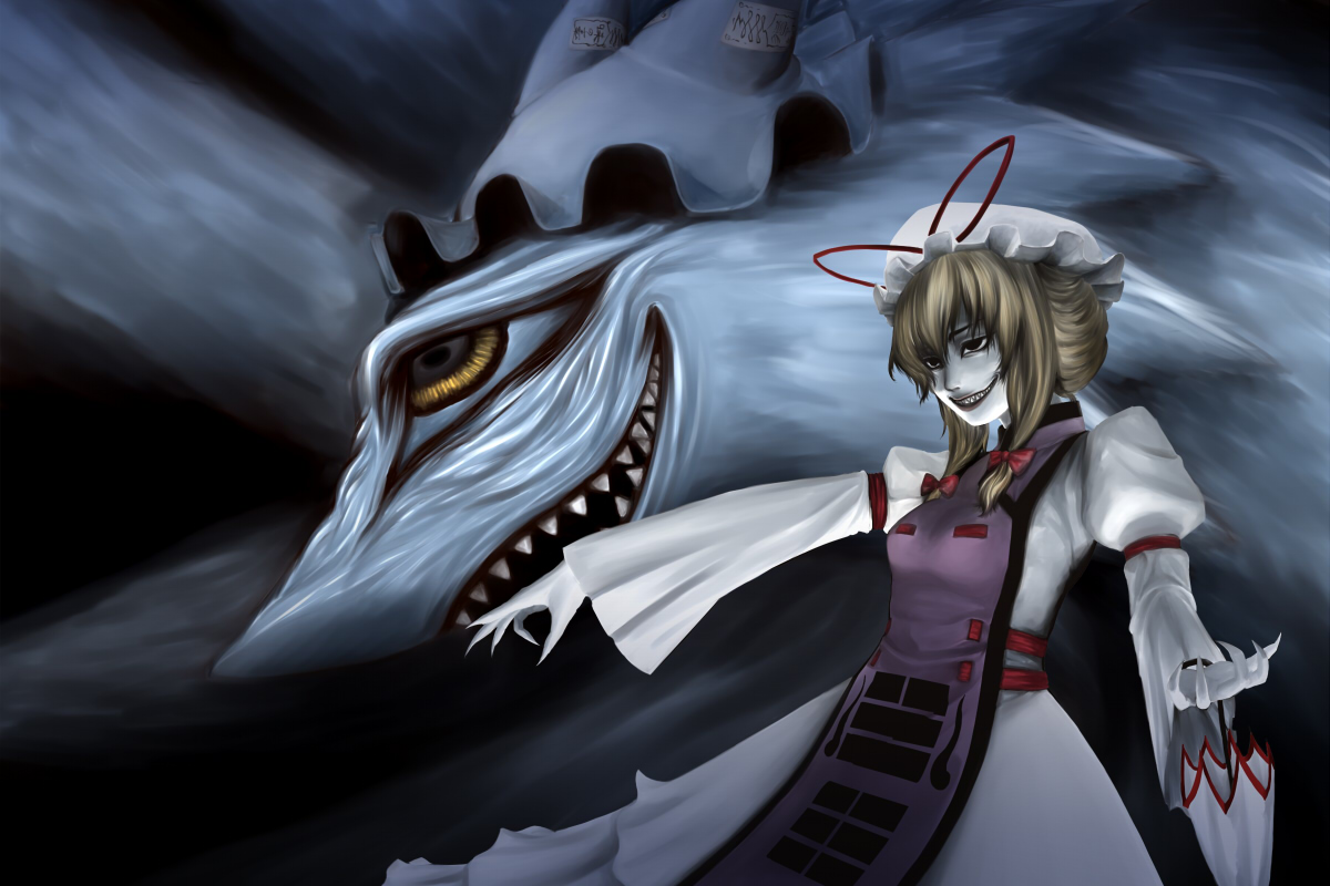 captain freedom, hakumen no mono, yakumo ran, yakumo ran (fox), yakumo yukari, touhou, ushio to tora, bad id, bad pixiv id, 1girl, blonde hair, cosplay, creepy, dark, evil grin, evil smile, female focus, grin, hakumen no mono (cosplay), hat, horror (theme), pale skin, ribbon, sharp teeth, smile, teeth, umbrella, yellow eyes