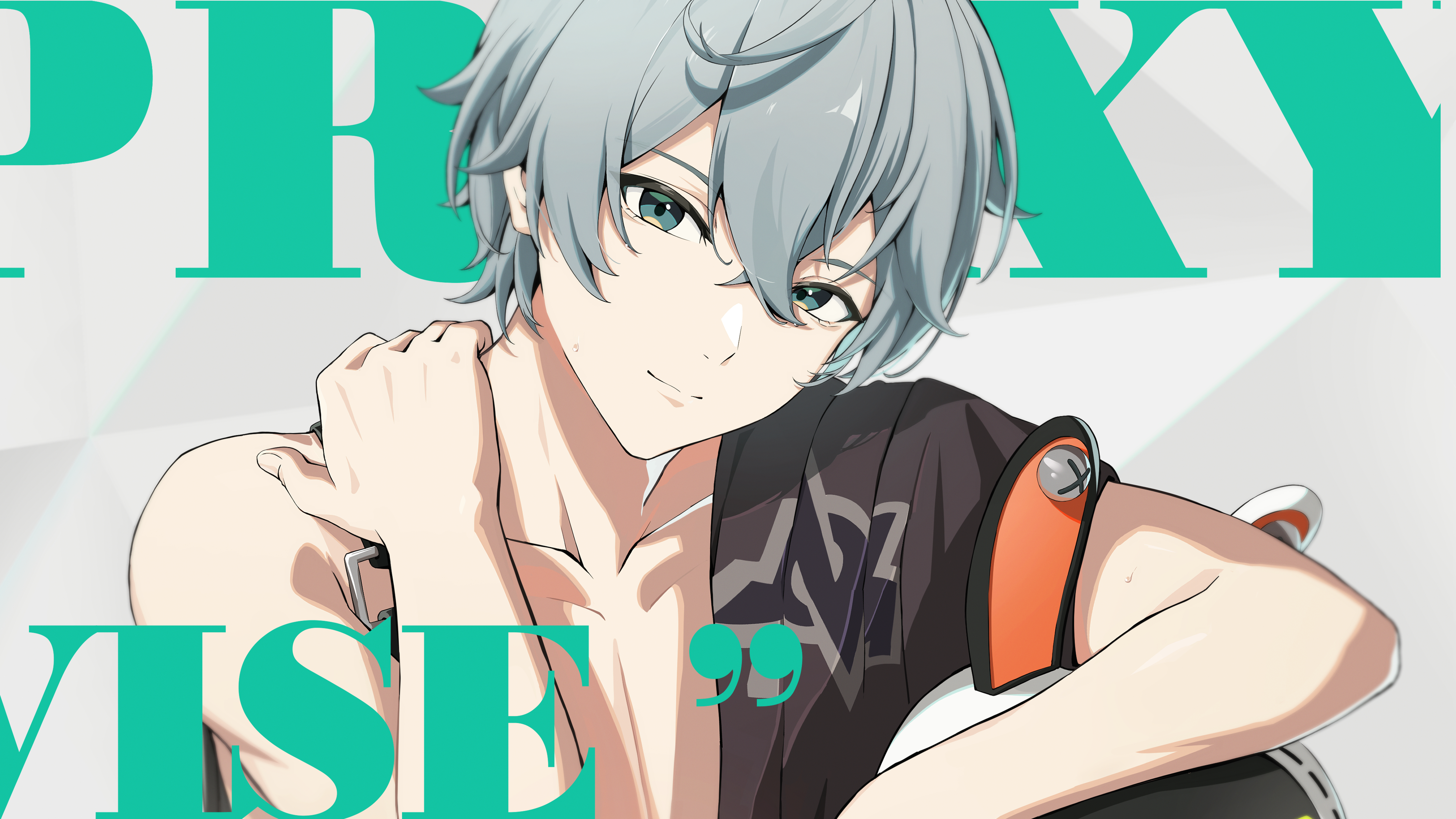 edible sus, bangboo (zenless zone zero), eous (zenless zone zero), wise (zenless zone zero), zenless zone zero, absurdres, commentary request, highres, revision, 1boy, character name, collarbone, crossed bangs, green eyes, grey hair, hair between eyes, looking at viewer, male focus, mindscape cinema (zenless zone zero), short hair, sidelocks, smile, solo, sweatdrop, upper body