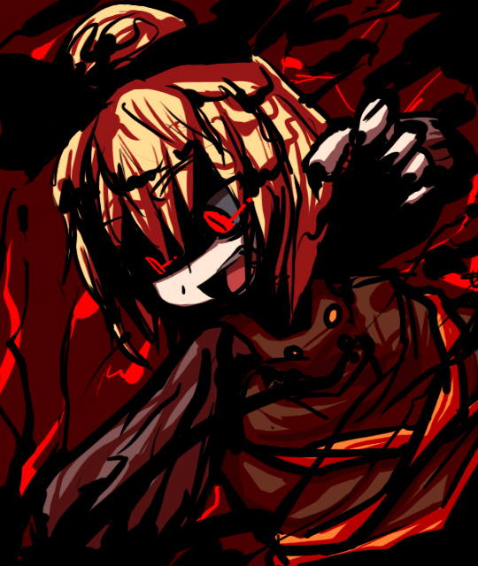 hakika, kurodani yamame, touhou, bad id, bad pixiv id, 1girl, blood, dark, female focus, red eyes, solo