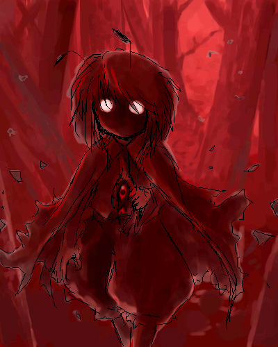 wriggle nightbug, touhou, lowres, 1girl, antennae, cape, dark, female focus, glowing, glowing eyes, red theme, solo