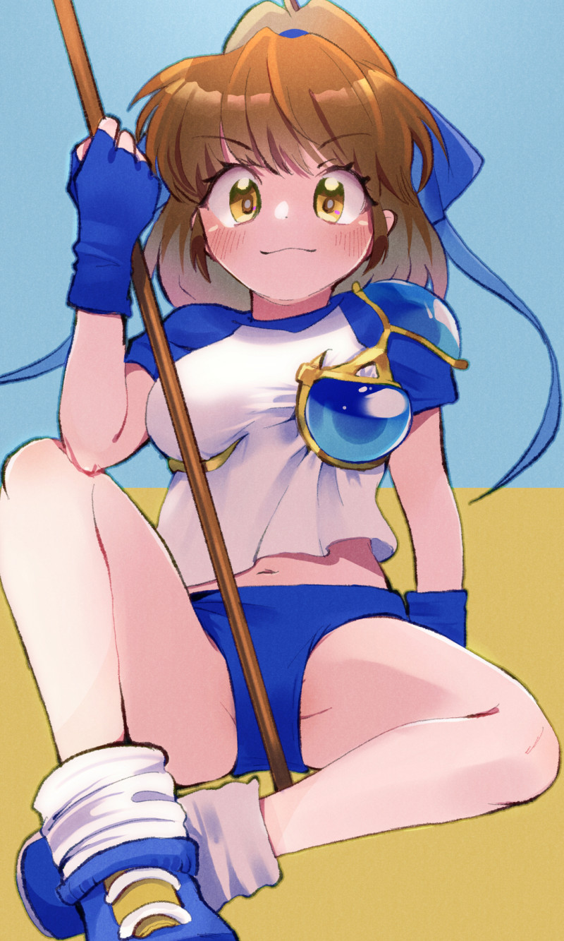 arle nadja, madou monogatari, puyopuyo, commentary request, highres, 1girl, ankle socks, armor, blue buruma, blue ribbon, blue shoes, breastplate, breasts, brown eyes, brown hair, buruma, fingerless gloves, gloves, gym shirt, gym uniform, hair ribbon, looking at viewer, medium breasts, on floor, pole, ponytail, ribbon, shirt, shoes, short hair, shoulder armor, smile, socks, solo, spread legs, tamamiyau, two-tone shirt
