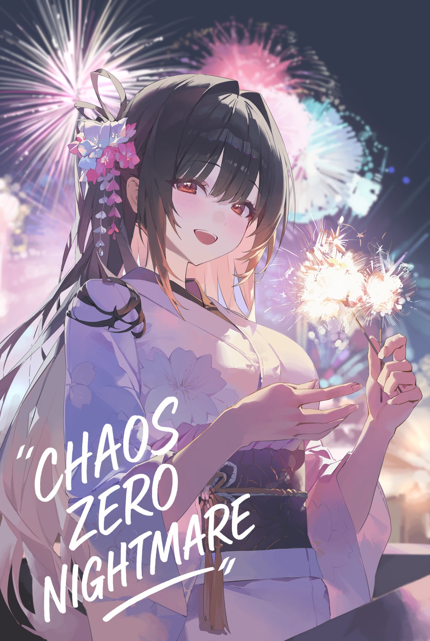 pray (furei), chaos zero nightmare, commentary request, highres, official art, 1girl, aerial fireworks, black hair, fireworks, flower, guest art, hair flower, hair ornament, hair rings, holding, holding fireworks, japanese clothes, kanzashi, kimono, long hair, looking at viewer, obi, open mouth, red eyes, rin (chaos zero nightmare), sash, smile, solo, sparkler, upper body, very long hair, white kimono, wide sleeves, yukata