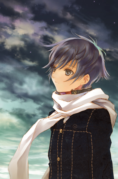 seiru (prairie), shirogane naoto, atlus, persona, persona 4, 1girl, androgynous, blue eyes, blue hair, female focus, matching hair/eyes, reverse trap, scarf, school uniform, short hair, solo