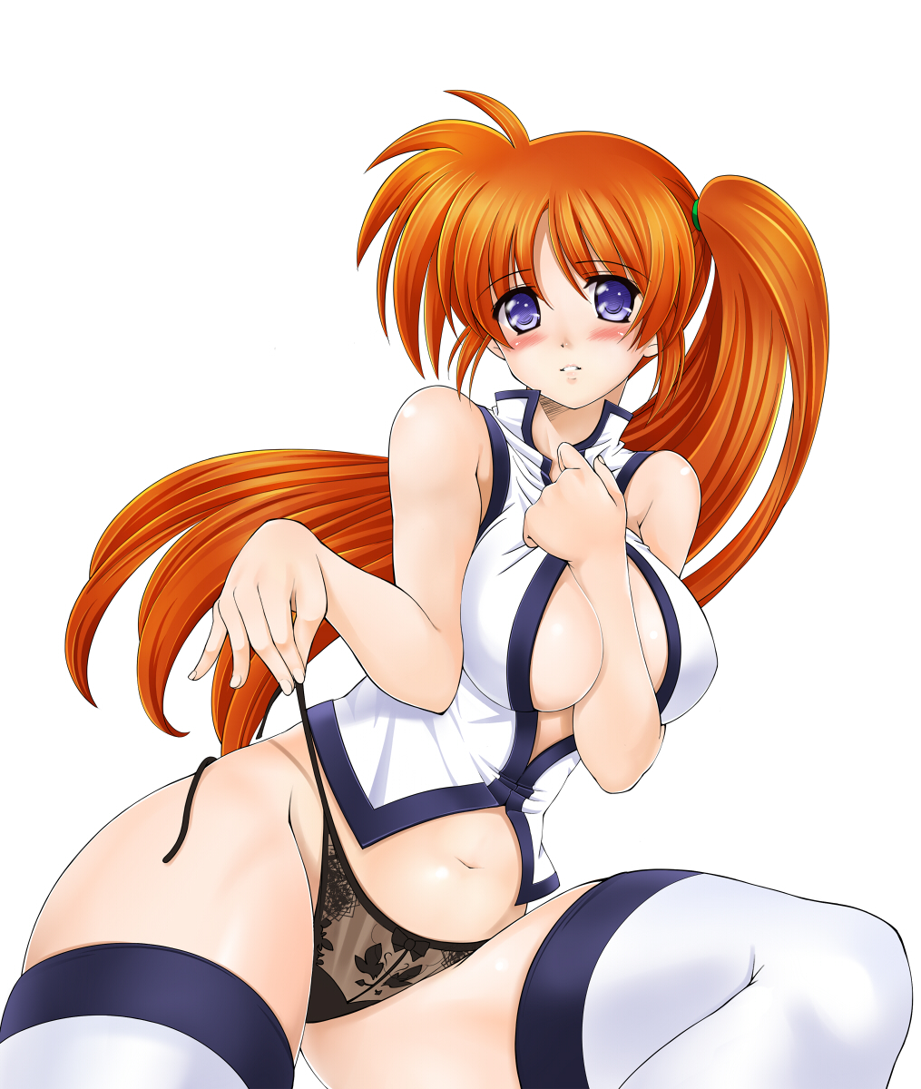 island (kossori), takamachi nanoha, lyrical nanoha, mahou shoujo lyrical nanoha, mahou shoujo lyrical nanoha strikers, highres, 00s, 1girl, bare shoulders, between breasts, blue eyes, blush, breasts, brown hair, female focus, hip focus, long hair, navel, panties, purple eyes, side-tie panties, side ponytail, solo, thighhighs, underwear, undressing, very long hair, wide hips