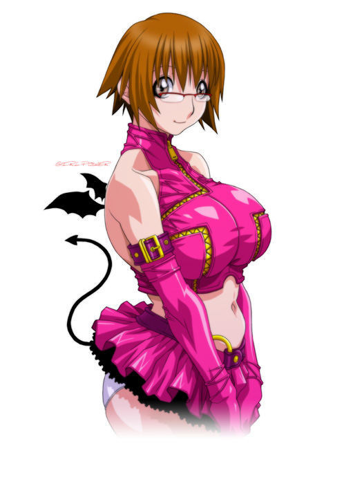 koutarou, original, 1girl, bare shoulders, bat wings, breasts, brown eyes, brown hair, crop top, curvy, demon girl, demon tail, elbow gloves, female focus, frills, glasses, gloves, grey eyes, hip focus, huge breasts, large breasts, leather, looking at viewer, looking back, looking over eyewear, microskirt, midriff, navel, panties, pantyshot, profile, red-framed eyewear, shiny clothes, shirt, short hair, simple background, skirt, sleeveless, sleeveless shirt, smile, solo, standing, strap, tail, turtleneck, underwear, white background, white panties, wide hips, wings, zipper