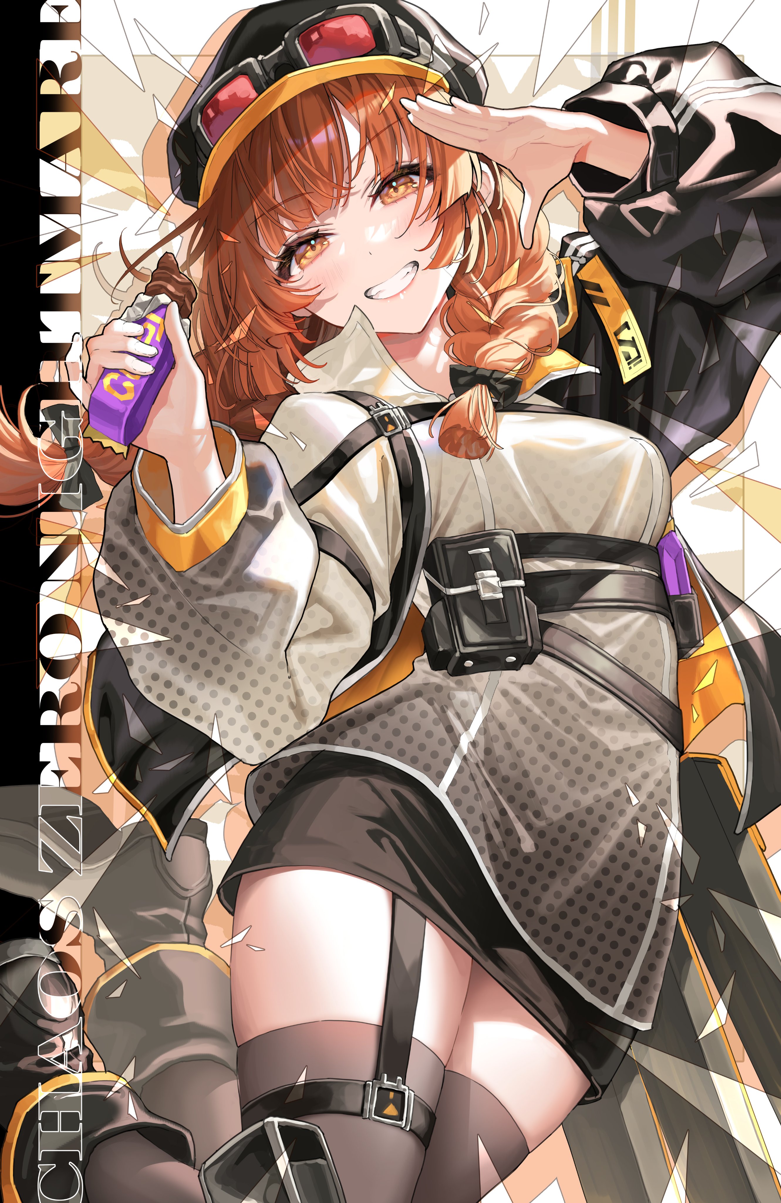 okuma mai, chaos zero nightmare, absurdres, commentary, english commentary, highres, official art, second-party source, 1girl, arm up, beryl (chaos zero nightmare), black hat, black skirt, braid, breasts, goggles, goggles on headwear, grey shirt, grey thighhighs, grin, guest art, hair ribbon, hand up, hat, holding, legs up, long hair, long sleeves, looking at viewer, medium breasts, miniskirt, orange eyes, orange hair, puffy long sleeves, puffy sleeves, ribbon, shirt, skirt, smile, solo, thighhighs, tress ribbon, zettai ryouiki