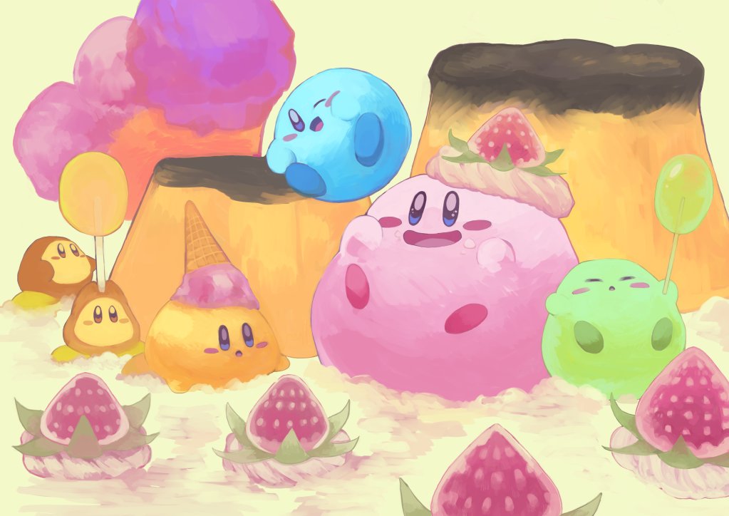 purano7, kirby, waddle dee, kirby (series), nintendo, :d, :o, ;d, blue eyes, blue skin, blush stickers, candy, closed eyes, colored skin, dessert, food, fruit, green skin, holding, holding candy, holding food, holding lollipop, ice cream, ice cream on head, lollipop, no humans, one eye closed, open mouth, pink skin, smile, strawberry, yellow skin
