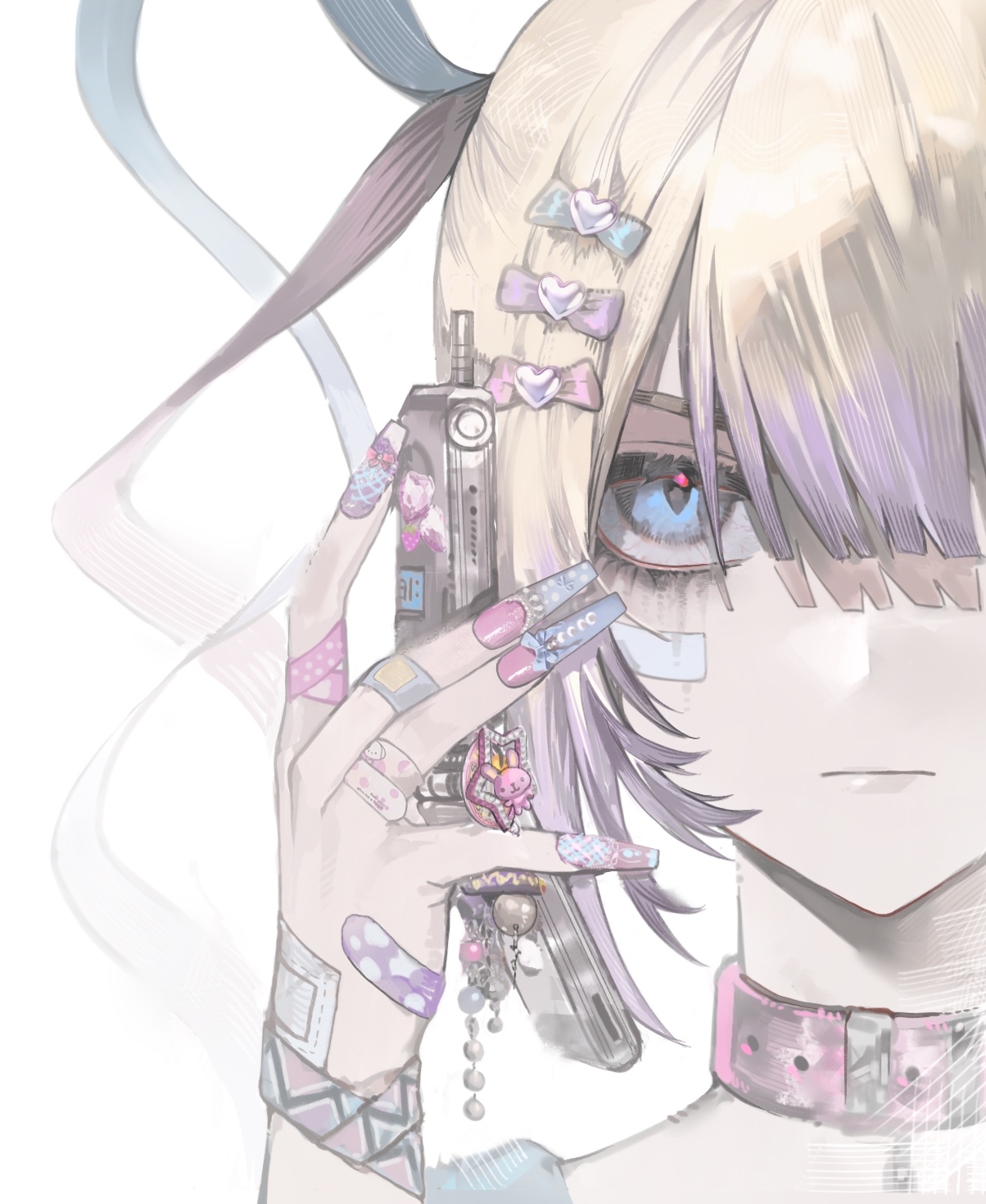 kelezi, chouzetsusaikawa tenshi-chan, needy girl overdose, chinese commentary, commentary request, highres, 1girl, :|, bandaid, bandaid on hand, blonde hair, blue bow, blue eyes, blue hair, bow, cellphone, cellphone charm, charm (object), close-up, closed mouth, fingernails, flip phone, hair bow, hand up, heart, holding, holding phone, long fingernails, long hair, looking at viewer, multicolored hair, nail art, nail polish, phone, pink bow, pink hair, pink nails, purple bow, simple background, solo, white background
