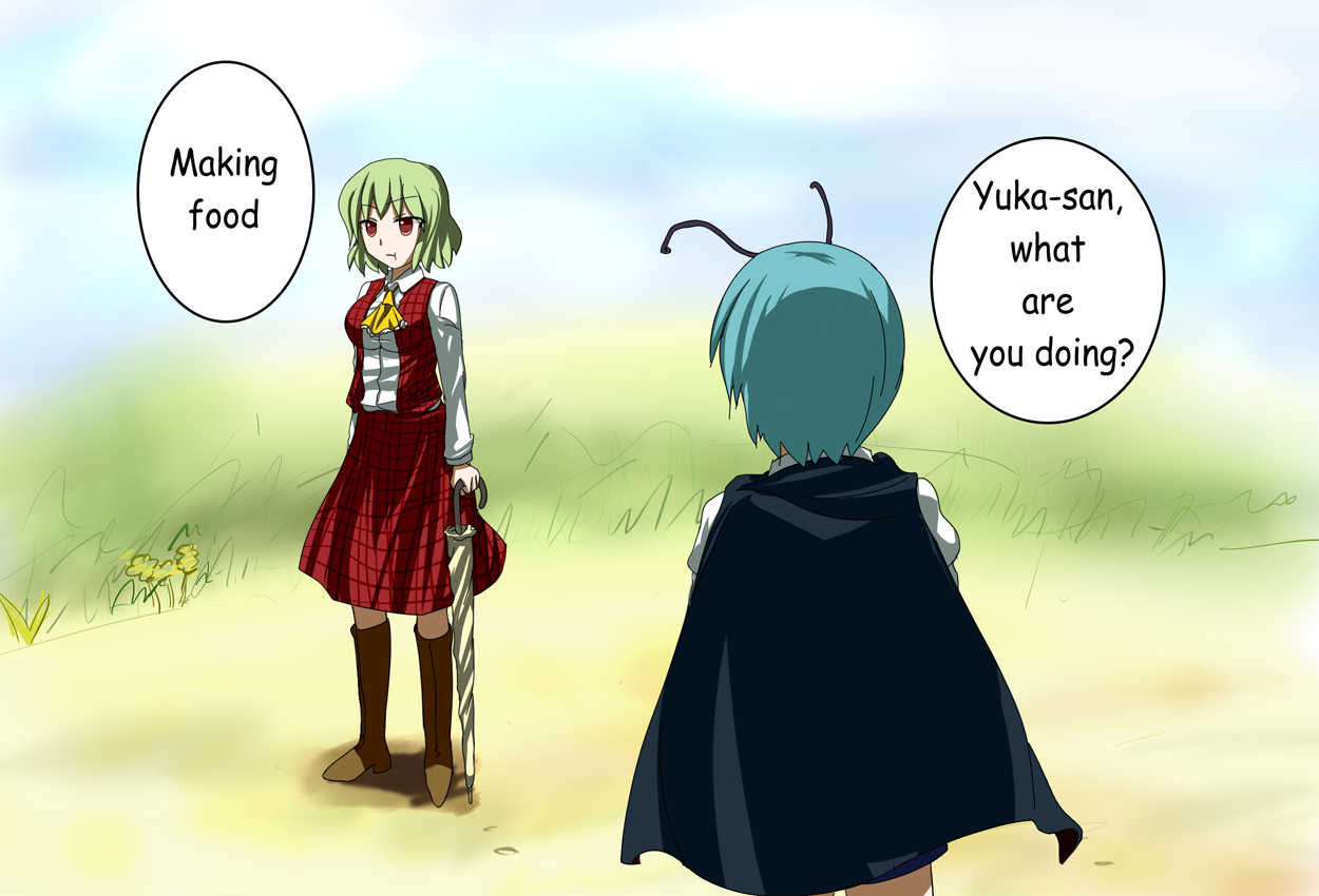 rexlent, kazami yuuka, wriggle nightbug, touhou, hard-translated, third-party edit, translated, 2girls, :t, antennae, aqua hair, ascot, cape, closed umbrella, english text, female focus, green hair, multiple girls, photosynthesis, plaid clothes, plaid skirt, plaid vest, red eyes, short hair, skirt, skirt set, standing, umbrella, vest