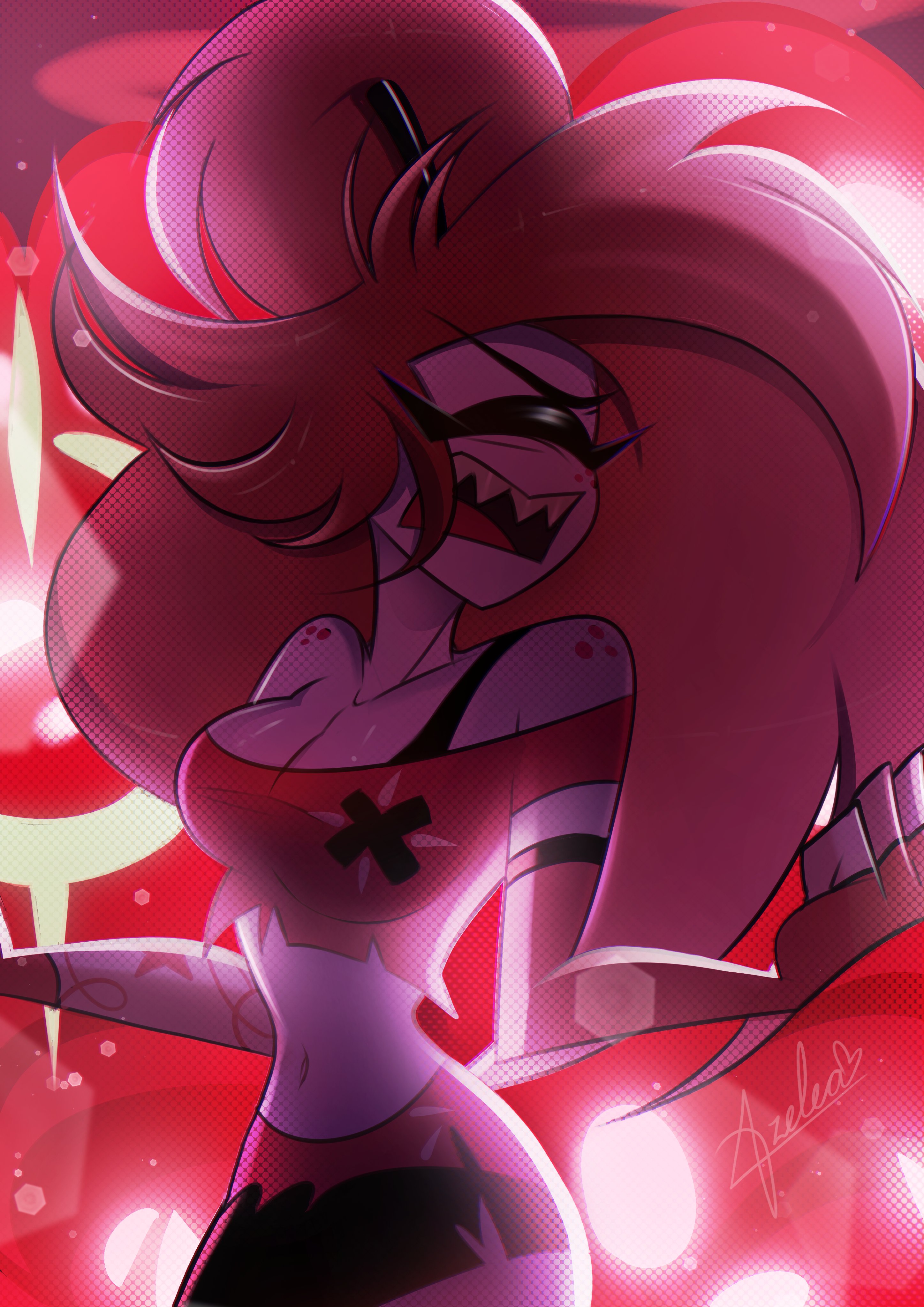 cherri bomb, hazbin hotel, hellaverse, absurdres, highres, 1girl, artist name, azzy (wickedazelea), black skirt, breasts, clenched hands, closed eyes, collarbone, colored skin, cowboy shot, crop top, d:, fingerless gloves, gloves, grey skin, large breasts, long hair, navel, open mouth, red hair, red shirt, sharp teeth, shiny skin, shirt, skirt, solo, stomach, teeth, upper teeth only