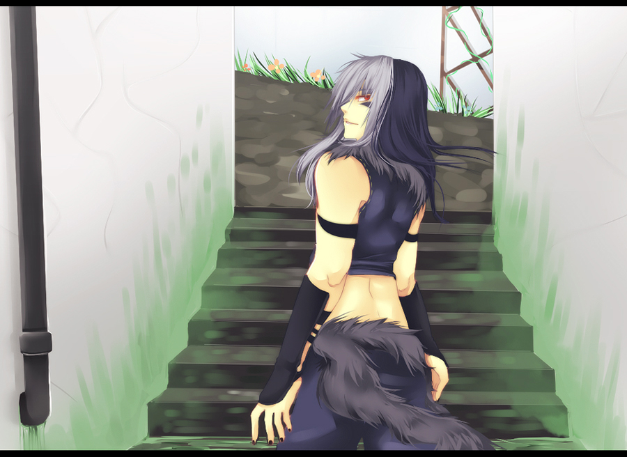 stalker (ragnarok online), ragnarok online, commentary, 1boy, azuworks, black cape, black pants, black shirt, cape, cowboy shot, facepaint, from behind, fur-trimmed cape, fur trim, grey hair, industrial pipe, long hair, looking at viewer, looking back, male focus, midriff, outdoors, pants, red eyes, shirt, sleeveless, sleeveless shirt, solo, stairs, waist cape