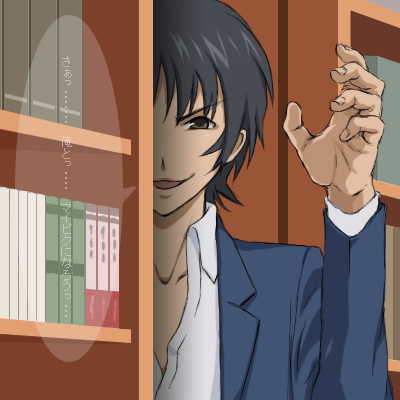 nouzu, hosaka (minami-ke), minami-ke, bad id, bad pixiv id, lowres, translation request, 00s, 1boy, black hair, book, bookshelf, evil smile, indoors, long sleeves, looking at viewer, male focus, smile, solo, upper body