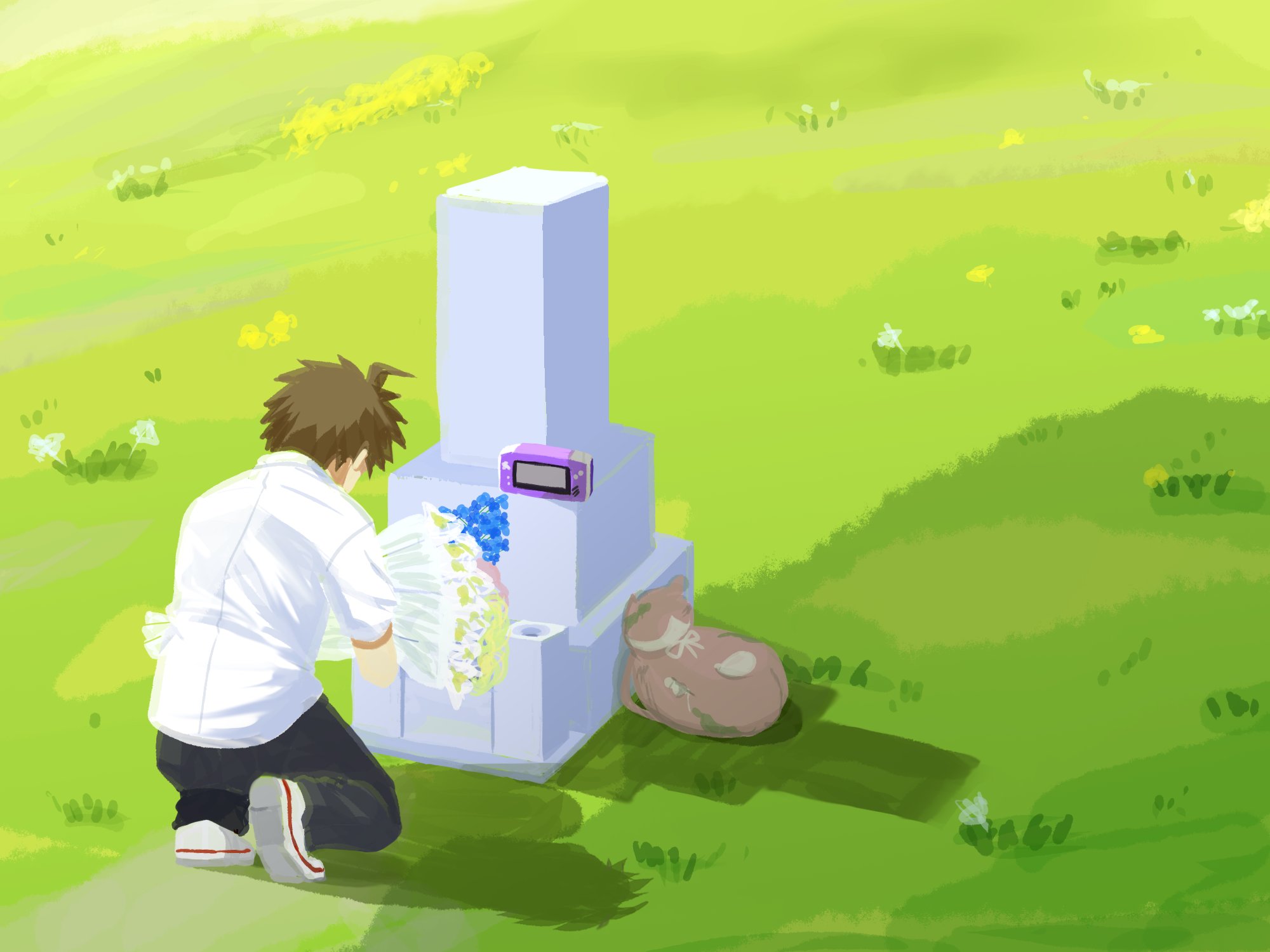kmnm 1403, hinata hajime, nanami chiaki, danganronpa (series), danganronpa 2: goodbye despair, highres, 1boy, ahoge, animal bag, bag, black pants, bouquet, cat bag, day, flower, game boy advance, grass, grave, handheld game console, holding, holding bouquet, outdoors, pants, pink bag, shirt, short hair, solo, spiked hair, tombstone, unworn bag, white flower, white shirt