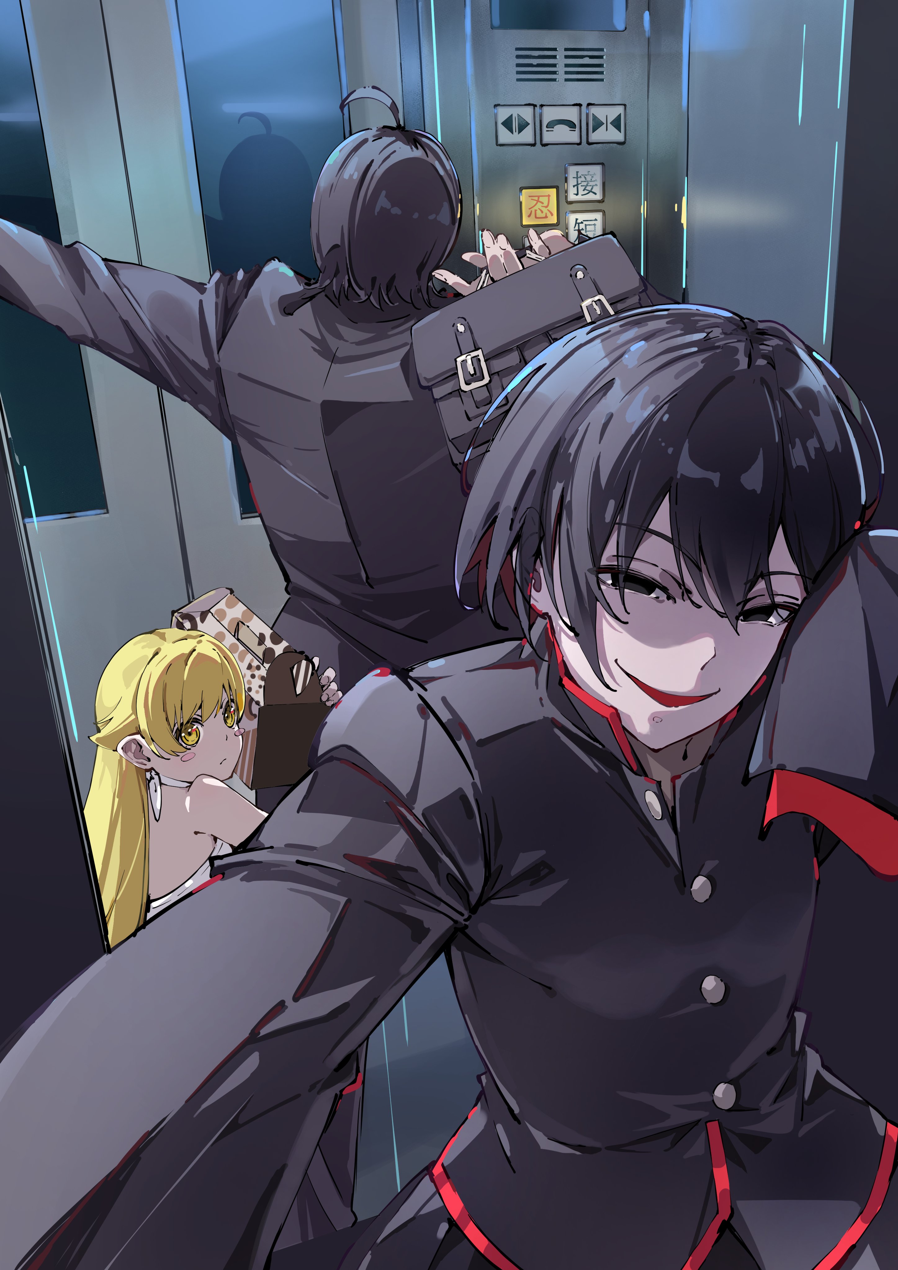 hatanana (ag6uptphhal3frd), araragi koyomi, oshino ougi, oshino shinobu, monogatari (series), absurdres, highres, 1boy, 2girls, ahoge, apron, back bow, black eyes, black hair, black jacket, black skirt, blonde hair, blush stickers, bob cut, bow, box, briefcase, buttons, closed mouth, elevator, empty eyes, evil smile, fingernails, gakuran, hair between eyes, hair flaps, halterneck, hand on own face, hand up, height difference, holding, holding behind back, holding box, holding briefcase, indoors, jacket, long hair, looking ahead, looking at another, looking at viewer, medium hair, multiple girls, narrowed eyes, outstretched arm, pale skin, pastry box, pleated skirt, pointy ears, red trim, ringed eyes, school briefcase, school uniform, selfie, shadow, skirt, sleeves past fingers, sleeves past wrists, smile, stretching, swept bangs, upper body, very long hair, white apron, yellow eyes