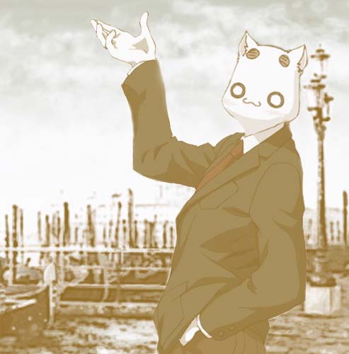 kachiko (919), kachiko (pixiv), aria pokoteng, koizumi itsuki, aria (manga), suzumiya haruhi no yuuutsu, lowres, third-party edit, formal clothes, necktie, no humans, parody, photo background, solo, suit, what
