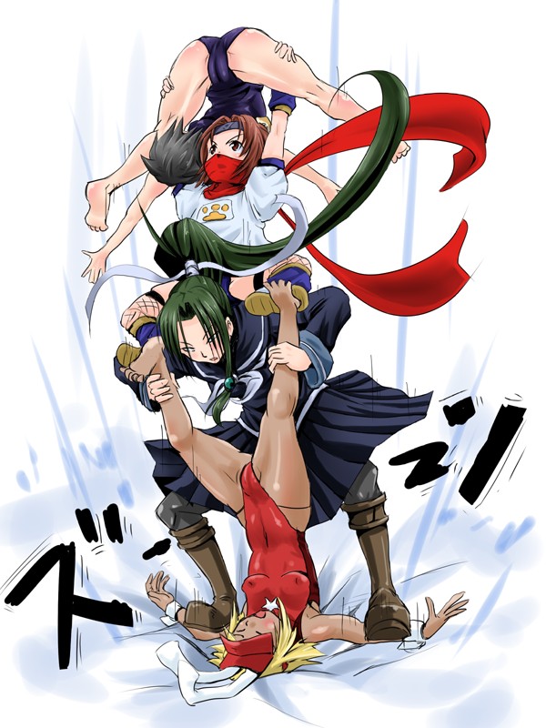 rickert kai, catherine kyoubashi, daidouji kira, konoha (arcana heart), tokinomiya kamui, aq interactive, arcana heart, arcana heart 2, atlus, examu, 4girls, barefoot, feet, kinniku buster, kinniku driver, multiple girls, muscle docking, wrestling