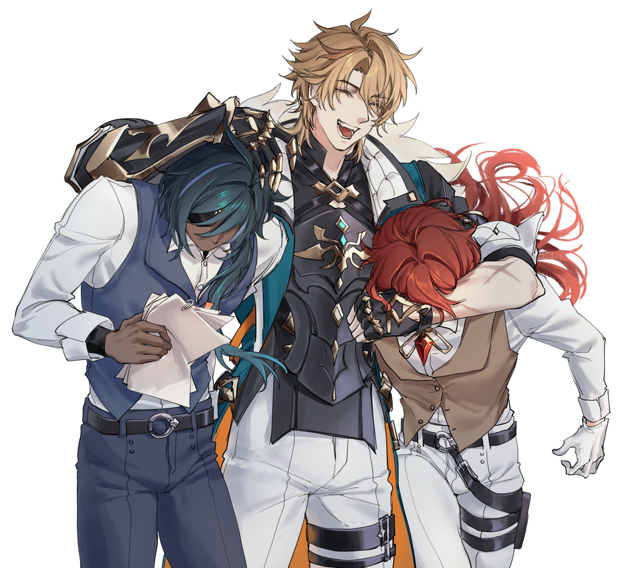 zehuij, diluc (genshin impact), kaeya (genshin impact), varka (genshin impact), genshin impact, highres, 3boys, belt, blonde hair, blue hair, brothers, closed eyes, collared shirt, eyepatch, gloves, holding, holding paper, long hair, long sleeves, male focus, medium hair, multiple boys, open mouth, pants, paper, paperclip, red hair, shirt, shirt tucked in, siblings, simple background, teeth, tongue, white background, white gloves, white pants