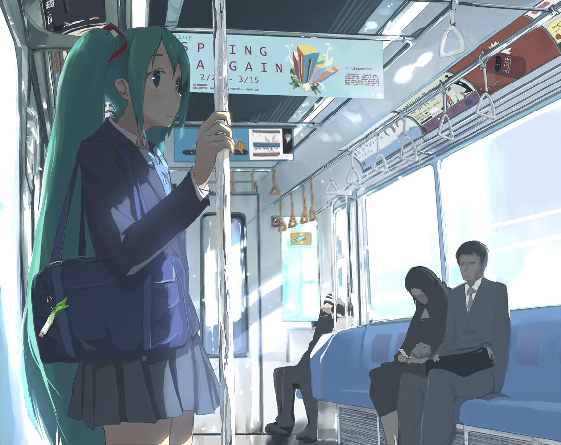 keisan, hatsune miku, vocaloid, 1girl, aqua hair, bag, long hair, school bag, school uniform, slice of life, solo focus, train, train interior, very long hair