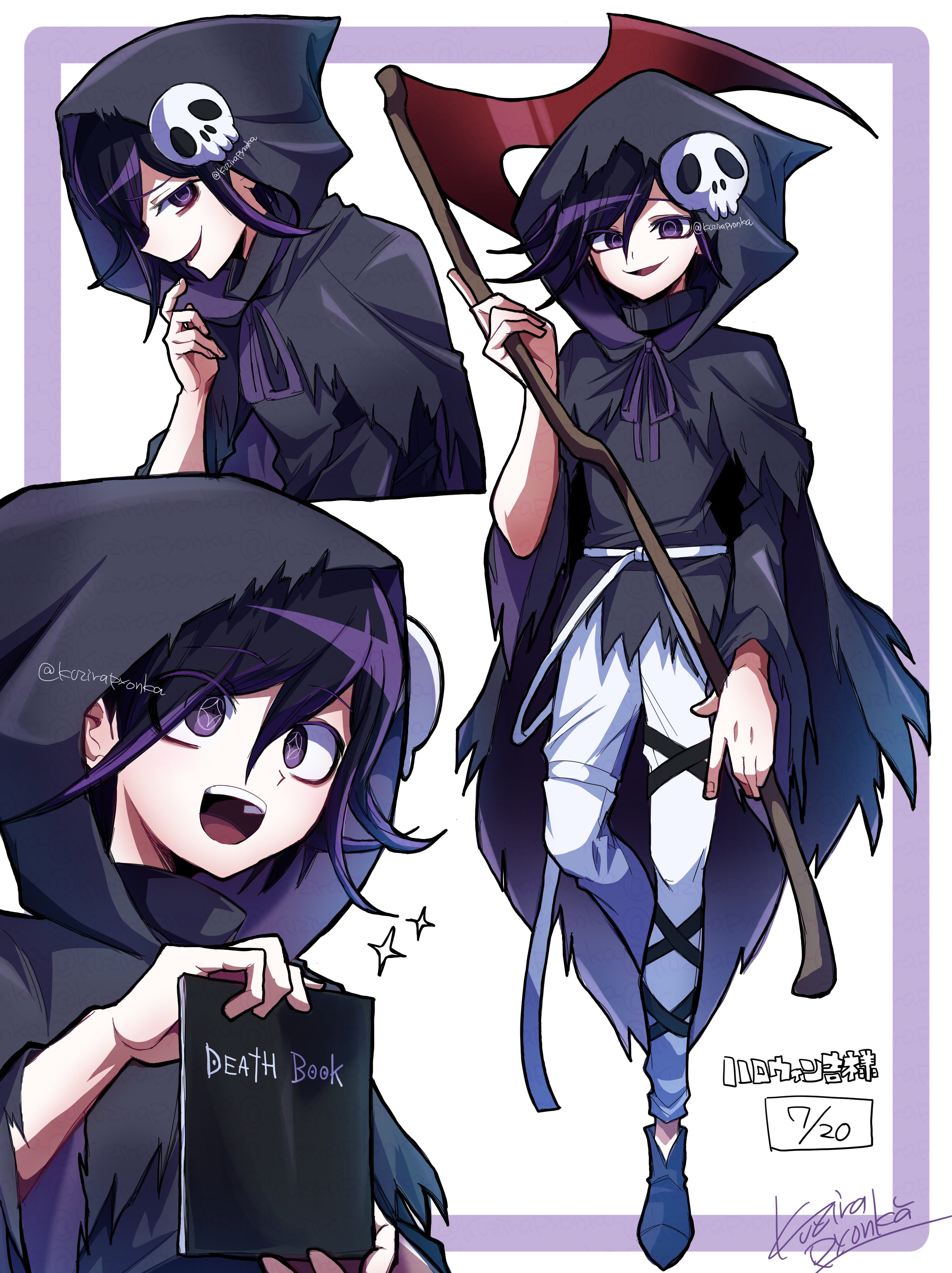 kujira pyon ka, oma kokichi, death note, absurdres, highres, translation request, 1boy, :d, artist name, black hair, black shirt, cape, english text, holding, holding scythe, hood, hood up, long sleeves, medium hair, multicolored hair, multiple views, open mouth, pants, pink hair, scythe, shirt, shoes, signature, skull ornament, smile, torn cape, torn clothes, torn shirt, two-tone hair, white background, white pants