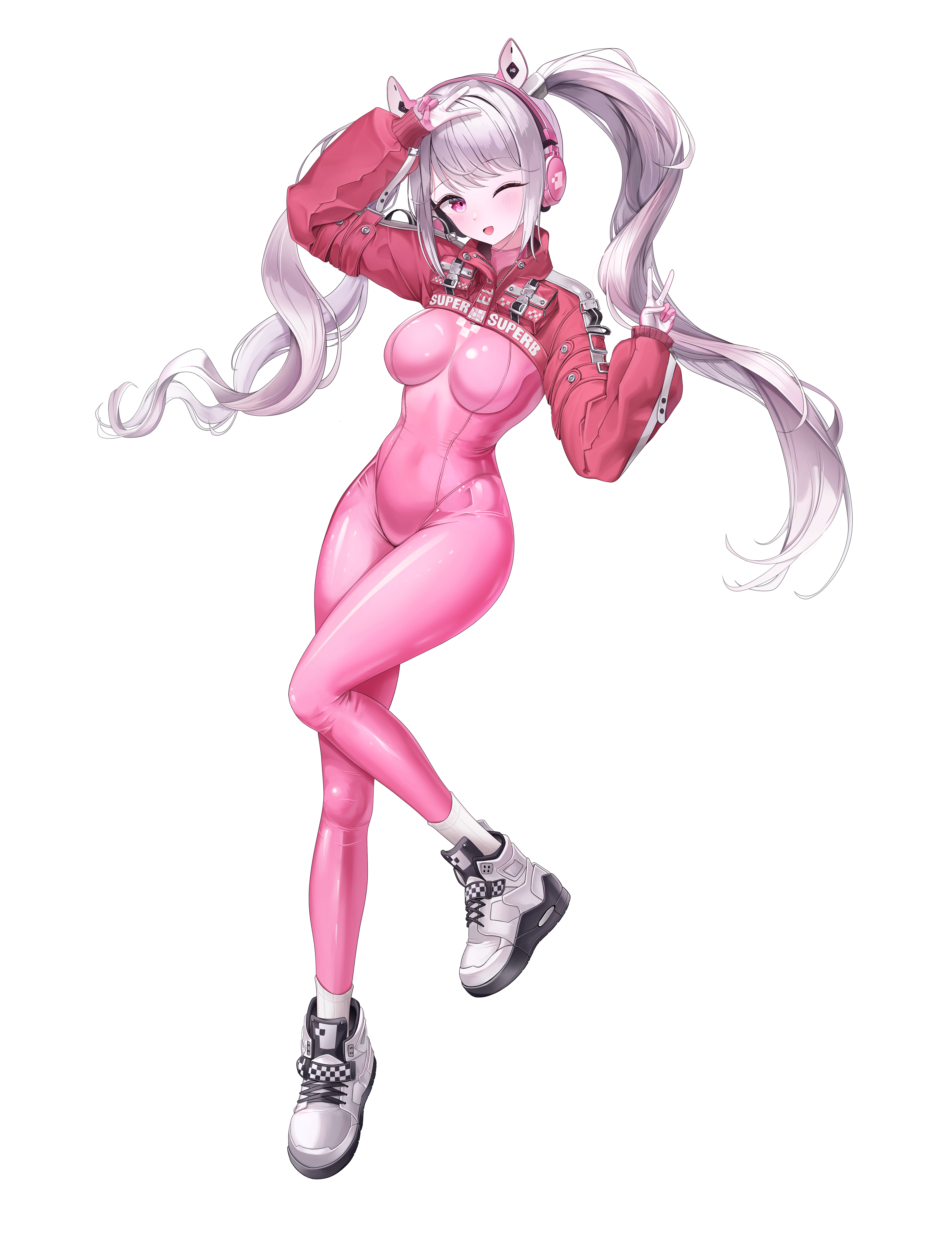 alice (nikke), goddess of victory: nikke, absurdres, highres, 1girl, animal ear headphones, animal ears, blush, bodysuit, breasts, double v, fake animal ears, full body, gloves, hands up, headphones, headset, impossible bodysuit, impossible clothes, jacket, latex, latex bodysuit, long hair, long sleeves, looking at viewer, medium breasts, multicolored gloves, nams2, one eye closed, open mouth, pink bodysuit, pink eyes, pink gloves, pink hair, shrug (clothing), simple background, skin tight, smile, solo, twintails, two-tone gloves, v, white background