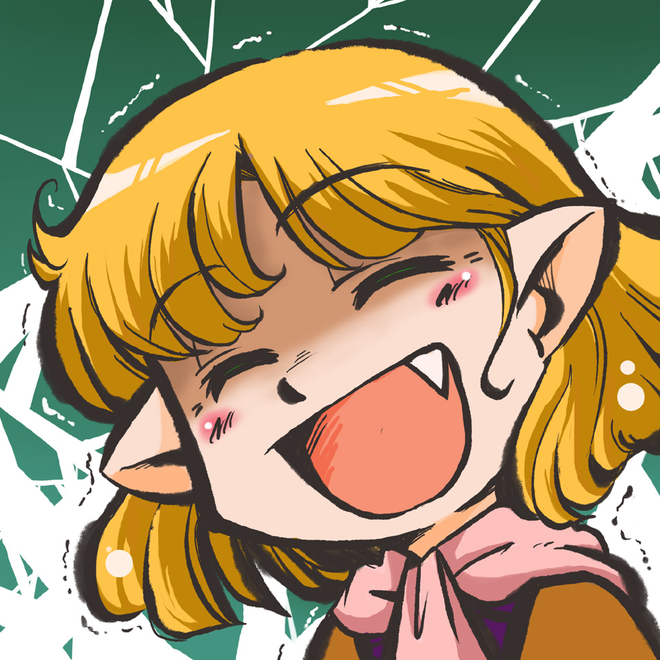 azuki osamitsu, mizuhashi parsee, touhou, 1girl, blonde hair, closed eyes, fang, female focus, smile, solo