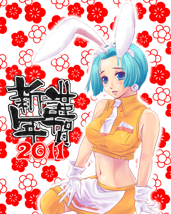sampaguita (ragnarok online), ragnarok online, commentary request, 1girl, 2011, animal ears, apron, blue eyes, blue hair, bob cut, breasts, chinese zodiac, cowboy shot, crop top, earrings, fake animal ears, floral background, gloves, jewelry, kafra uniform, looking at viewer, maid, maid headdress, medium breasts, midriff, miniskirt, navel, neckerchief, okomepon, open mouth, orange shirt, orange skirt, orange thighhighs, rabbit ears, shirt, short hair, skirt, sleeveless, sleeveless shirt, solo, sphere earrings, thighhighs, white apron, white gloves, white neckerchief, year of the rabbit