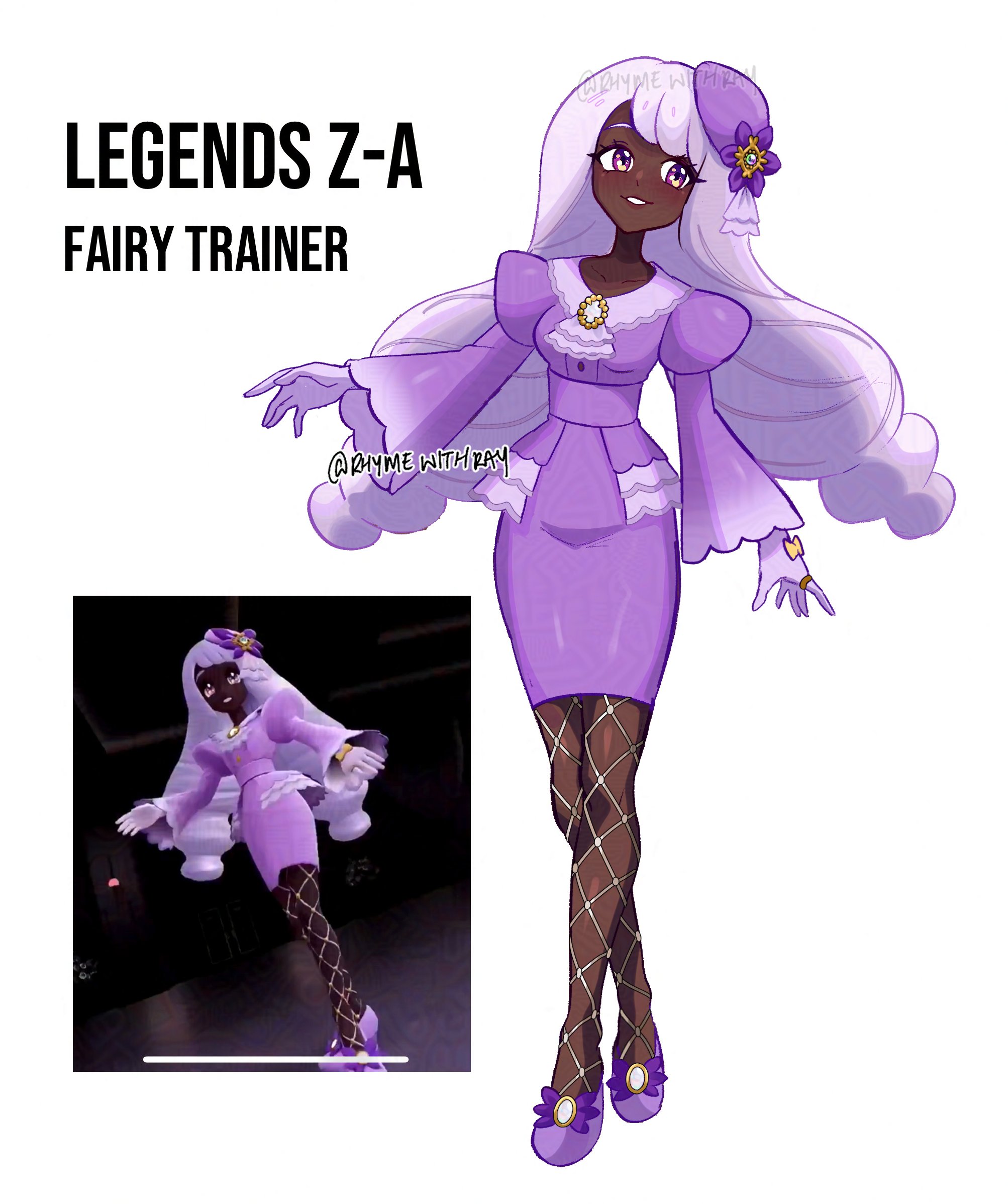 rhymewithray, jacinthe (pokemon), nintendo, pokemon, pokemon legends: z-a, commentary, english commentary, highres, 1girl, ascot, beret, brooch, dark-skinned female, dark skin, dress, drill hair, english text, frilled ascot, frills, game screenshot inset, gloves, hair ornament, hand up, hat, jewelry, purple dress, purple eyes, purple hair, ring, smile, sparkling eyes, very dark skin, white gloves