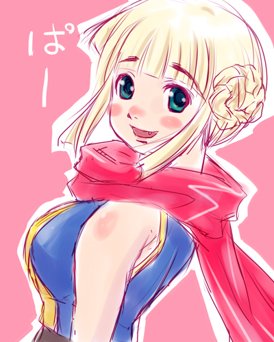 ninja (ragnarok online), ragnarok online, commentary request, lowres, 1girl, blonde hair, blue dress, blunt bangs, blush, braid, braided bun, breasts, dress, fang, green eyes, hair bun, large breasts, looking at viewer, ninja, okomepon, open mouth, pink background, red scarf, scarf, short hair, simple background, sleeveless, sleeveless dress, smile, solo, upper body