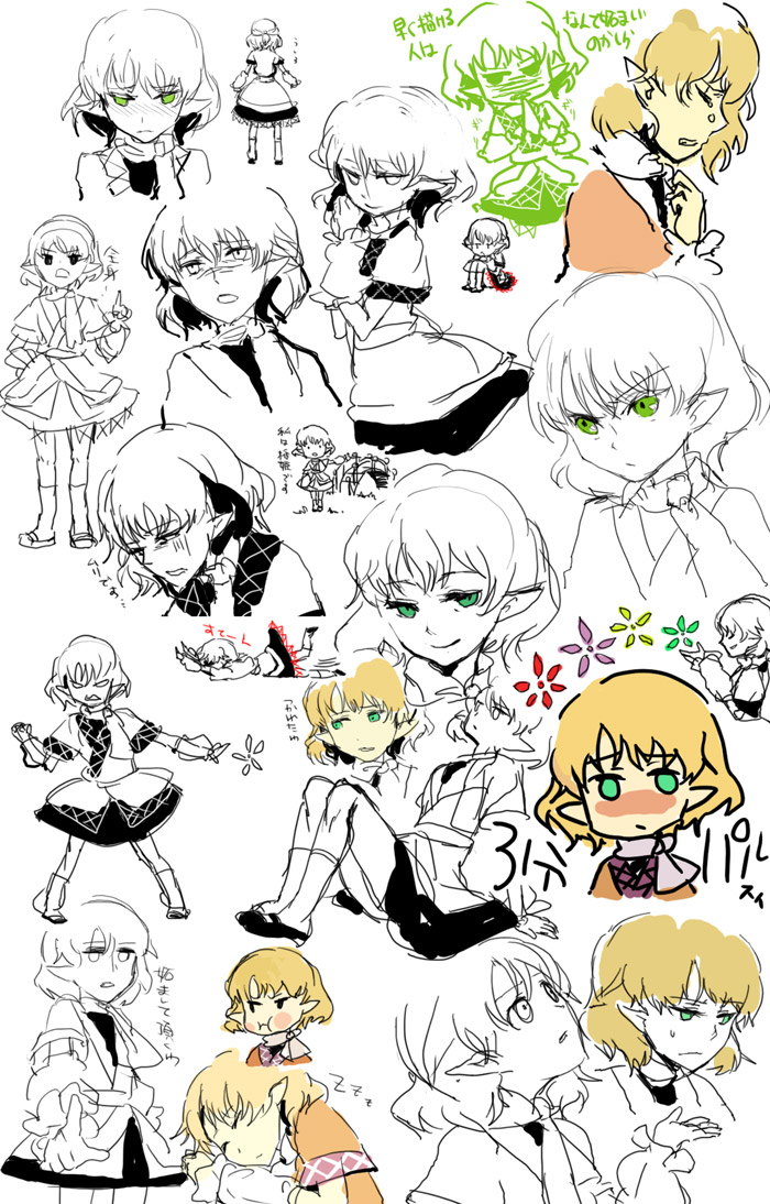 mizuhashi parsee, touhou, bad id, bad pixiv id, 1girl, blonde hair, female focus, green eyes, monochrome, multiple views, pointy ears, sketch
