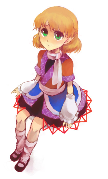 riinu (ir-n), mizuhashi parsee, touhou, bad id, bad pixiv id, 1girl, blonde hair, detached sleeves, female focus, from above, full body, green eyes, pointy ears, short hair, simple background, sitting, solo