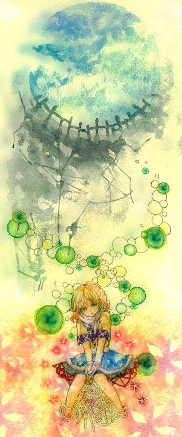 mizuhashi parsee, touhou, bad id, bad pixiv id, traditional media, 1girl, blonde hair, female focus, green eyes, sitting, solo