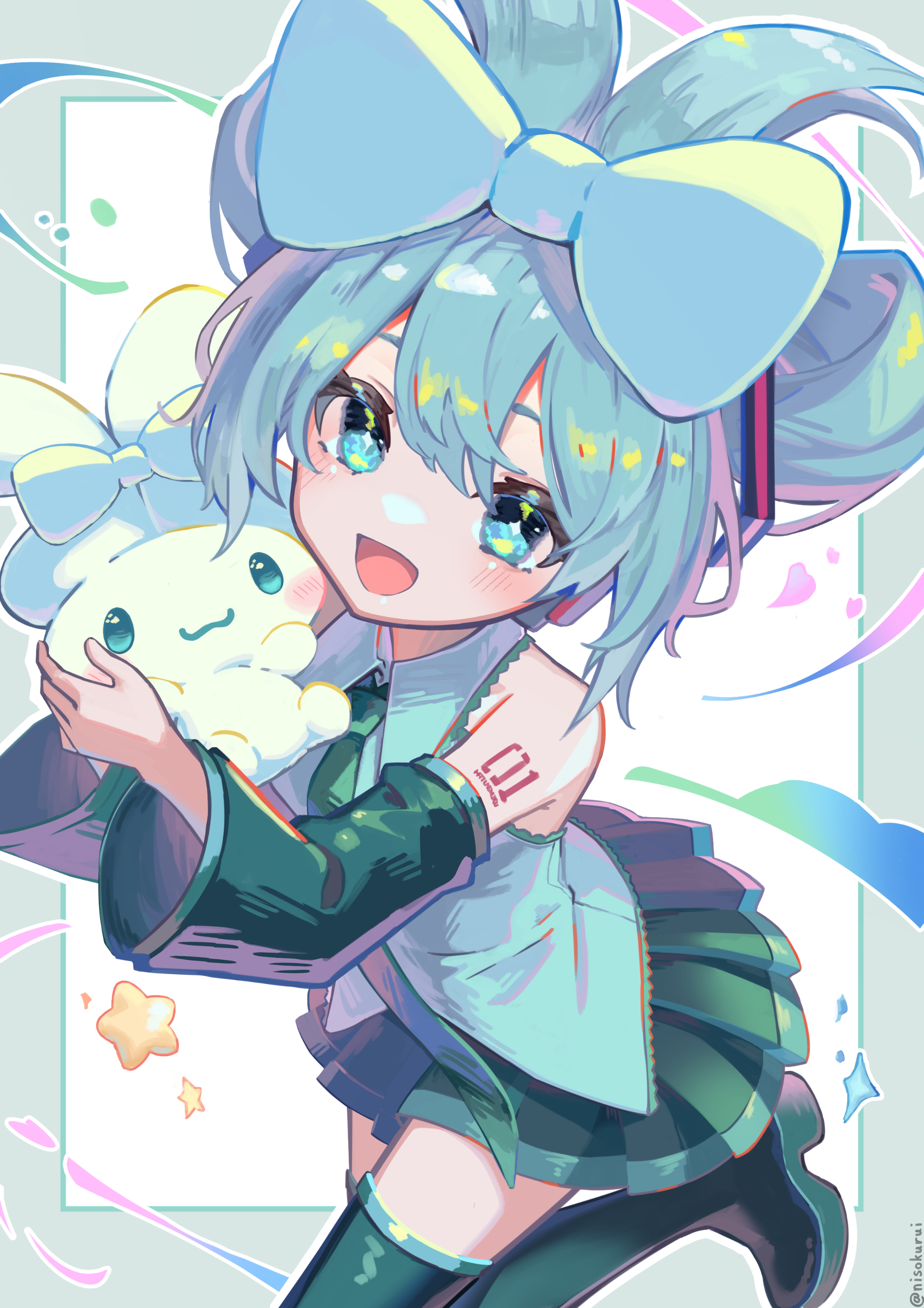 nisokurui, cinnamiku, cinnamoroll, hatsune miku, fuwa fuwa cinnamoroll, sanrio, vocaloid, absurdres, commentary, highres, 1girl, :d, bare shoulders, black boots, black skirt, black sleeves, blue bow, blue eyes, blue hair, blush, boots, bow, collared shirt, cowboy shot, detached sleeves, double-parted bangs, green necktie, grey shirt, hair between eyes, hair bow, holding, long sleeves, looking at viewer, miniskirt, necktie, number tattoo, open mouth, outline, pleated skirt, shirt, short hair, shoulder tattoo, skirt, sleeveless, sleeveless shirt, smile, tattoo, thigh boots, twintails, twitter username, updo, white background, white outline