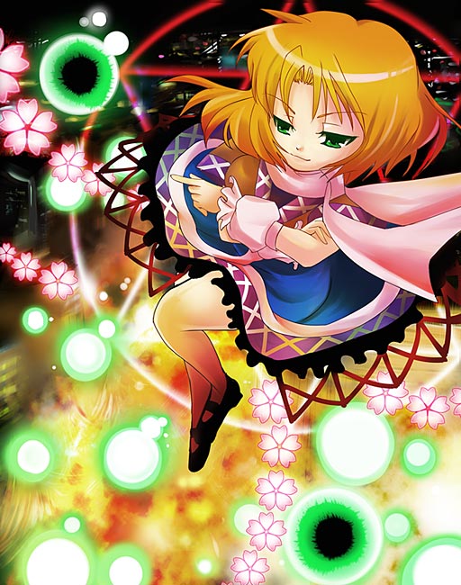 takamoto akisa, mizuhashi parsee, touhou, 1girl, blonde hair, danmaku, female focus, green eyes, solo