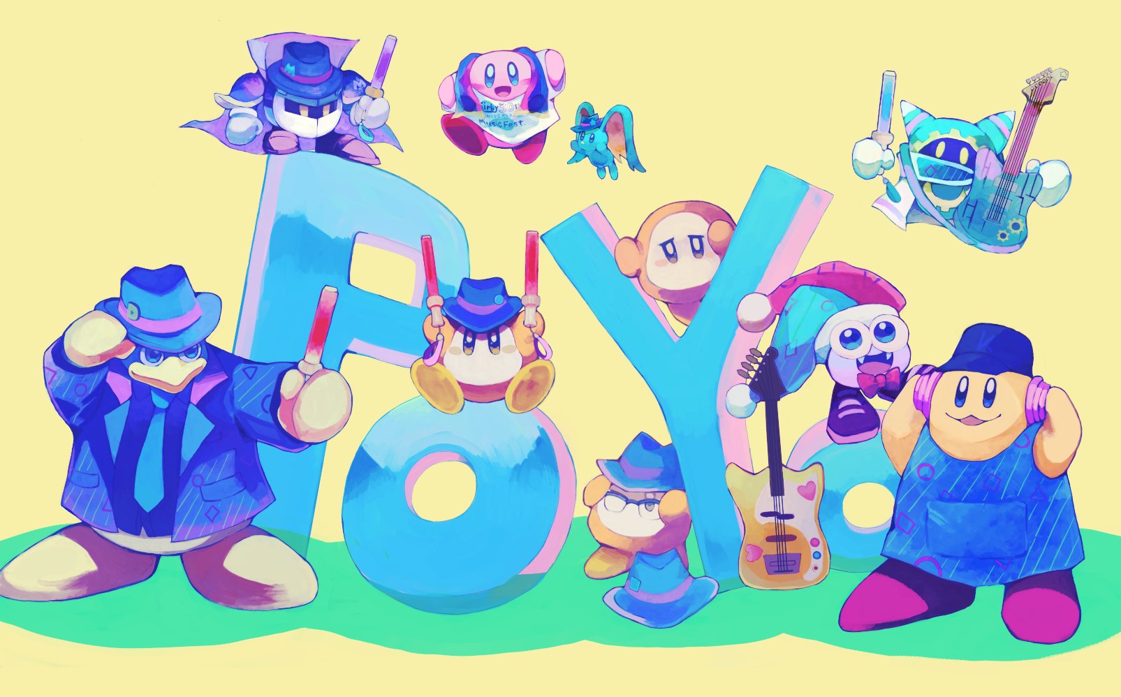 purano7, elfilin, king dedede, kirby, magolor, marx (kirby), meta knight, waddle dee, kirby (series), nintendo, highres, :d, aqua hood, blue eyes, blue jacket, blue necktie, cape, closed mouth, colored skin, creature, electric guitar, everyone, fangs, fedora, glasses, guitar, hat, holding, holding guitar, holding instrument, instrument, jacket, necktie, open mouth, purple cape, purple shoes, rayman limbs, shoes, smile, tongue, yellow background, yellow eyes, yellow skin