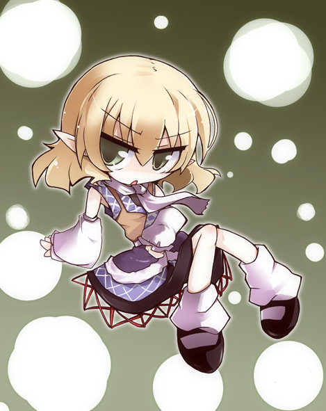 shirogane (platinum), mizuhashi parsee, touhou, 1girl, :<, annoyed, arm warmers, blonde hair, chibi, female focus, full body, green background, green eyes, leg warmers, no nose, pointy ears, scarf, short hair, skirt, sleeveless, solo