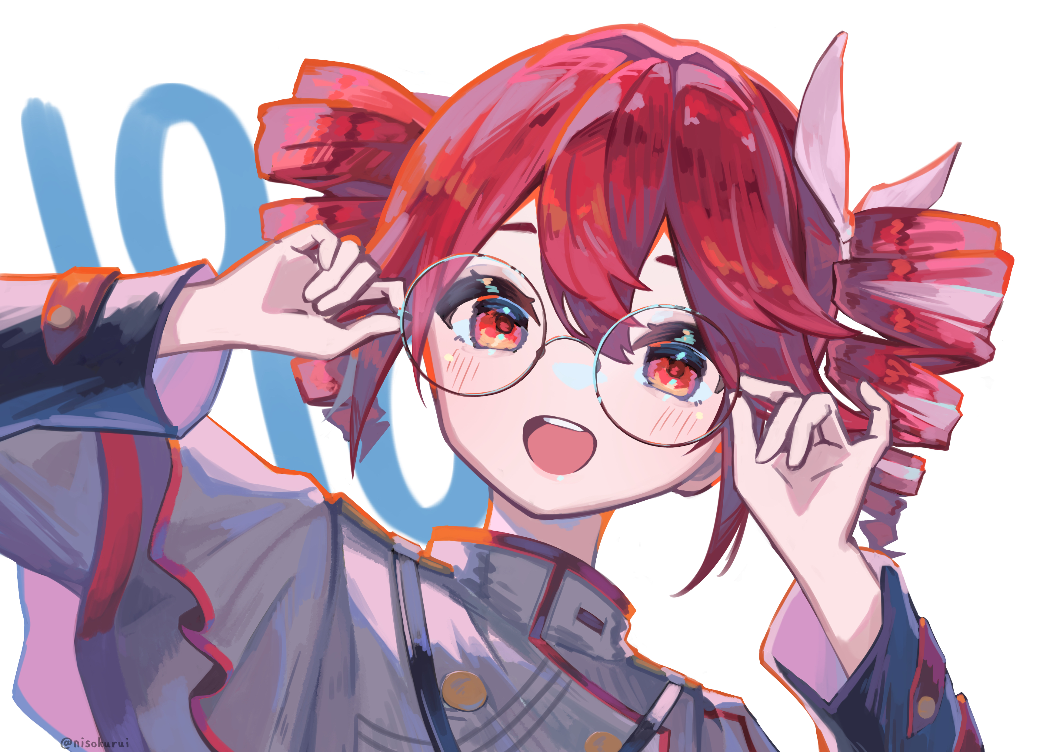 nisokurui, kasane teto, kasane teto (sv), synthesizer v, utau, absurdres, commentary, highres, 1girl, :d, blush, buttons, double-breasted, double-parted bangs, drill hair, glasses, grey jacket, hair between eyes, hair ribbon, jacket, long sleeves, looking at viewer, open mouth, portrait, red hair, ribbon, round eyewear, short hair, simple background, smile, solo, teeth, twin drills, upper teeth only, white background, white ribbon