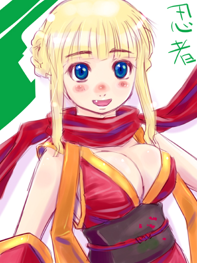 ninja (ragnarok online), ragnarok online, commentary request, 1girl, alternate color, black sash, blonde hair, blue eyes, blunt bangs, blush, braid, braided bun, breasts, cleavage, double bun, dress, fang, hair bun, large breasts, looking at viewer, ninja, obi, okomepon, open mouth, red scarf, sash, scarf, sleeveless, sleeveless dress, smile, solo, upper body, white background