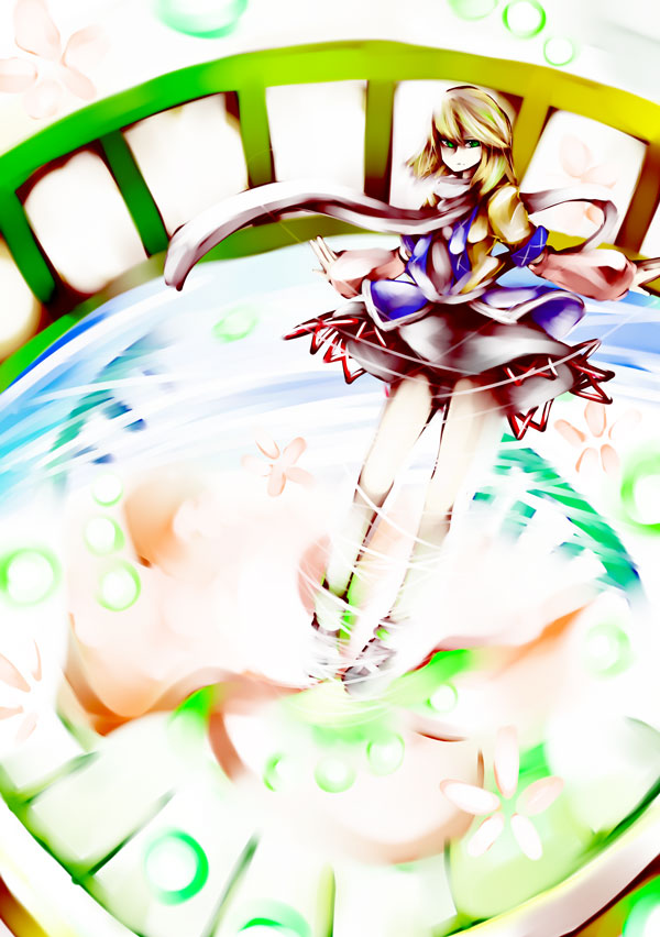 mizuhashi parsee, touhou, 1girl, blonde hair, danmaku, female focus, green eyes, scarf, solo