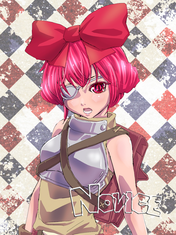 novice (ragnarok online), ragnarok online, commentary request, 1girl, backpack, bag, blush, bow, brown bag, character name, checkered background, chest guard, double bun, eyepatch, grey background, grey shirt, hair bow, hair bun, looking at viewer, okomepon, open mouth, pink hair, red bow, red eyes, shirt, short hair, sleeveless, sleeveless shirt, solo