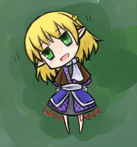 mizuhashi parsee, touhou, bad id, bad pixiv id, lowres, 1girl, barefoot, blonde hair, chibi, female focus, green eyes, head tilt, pointy ears, solo, standing