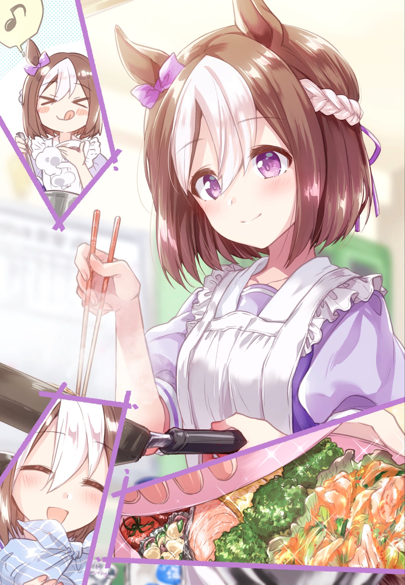 kuroi mimei, special week (umamusume), umamusume, commentary request, highres, > <, 1girl, :d, :q, animal ears, apron, blush, blush stickers, braid, brown hair, chopsticks, closed eyes, closed mouth, cooking, double-parted bangs, frying pan, hair between eyes, half up braid, holding, holding chopsticks, holding frying pan, holding pan, horse ears, horse girl, multicolored hair, multiple views, musical note, open mouth, purple eyes, purple shirt, school uniform, shirt, short hair, short sleeves, smile, solo, spoken musical note, tongue, tongue out, tracen school uniform, two-tone hair, upper body, white apron, white hair