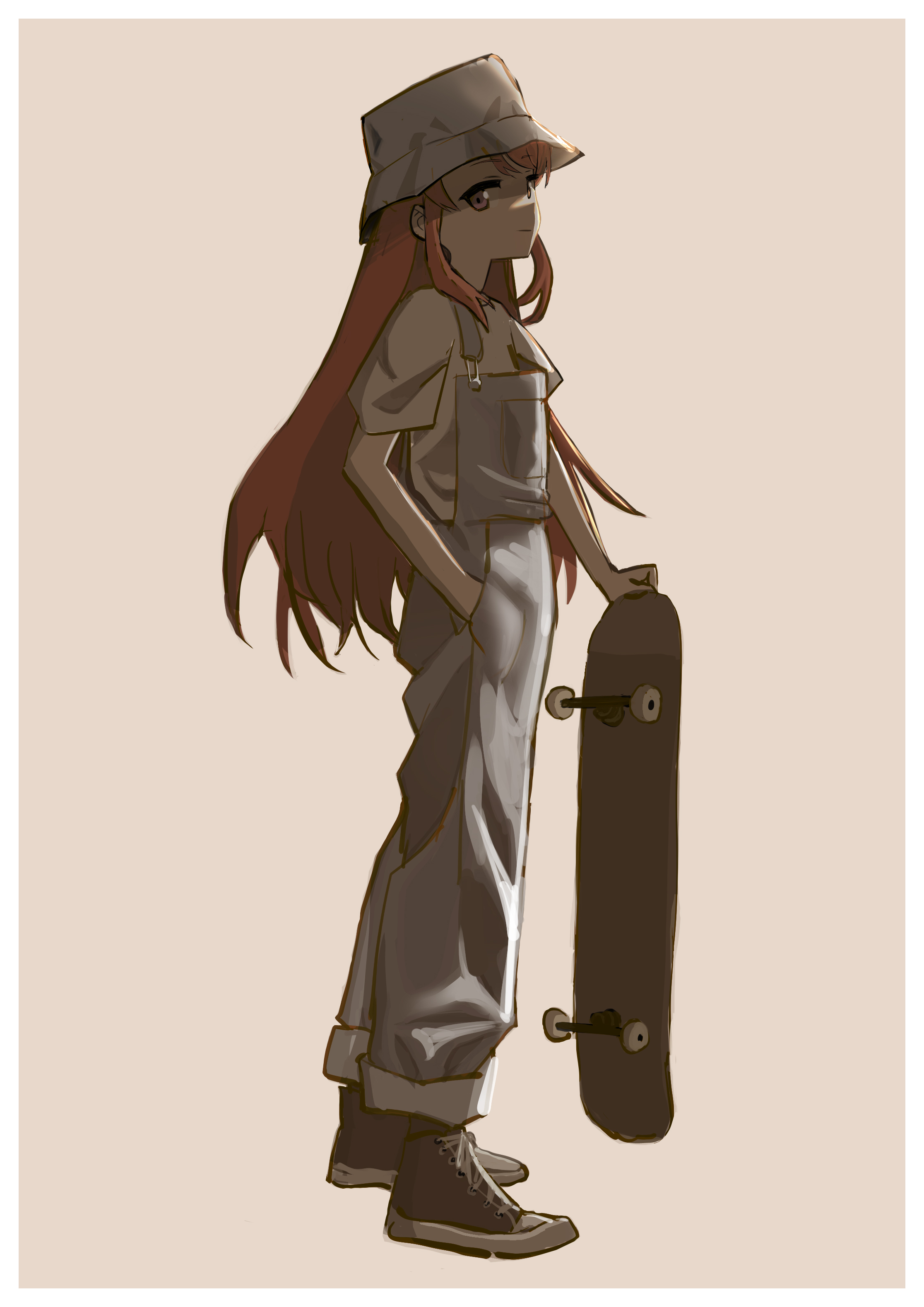 sqq, shibuki ran, aikatsu!, aikatsu! (series), converse, absurdres, bad id, bad pixiv id, highres, 1girl, alternate costume, border, brown background, bucket hat, closed mouth, from side, full body, grey hat, grey overalls, hand in pocket, hat, holding, holding skateboard, long hair, looking at viewer, looking to the side, orange hair, overalls, purple eyes, shirt, shoes, short sleeves, simple background, skateboard, smile, sneakers, solo, standing, t-shirt, white border, white shirt