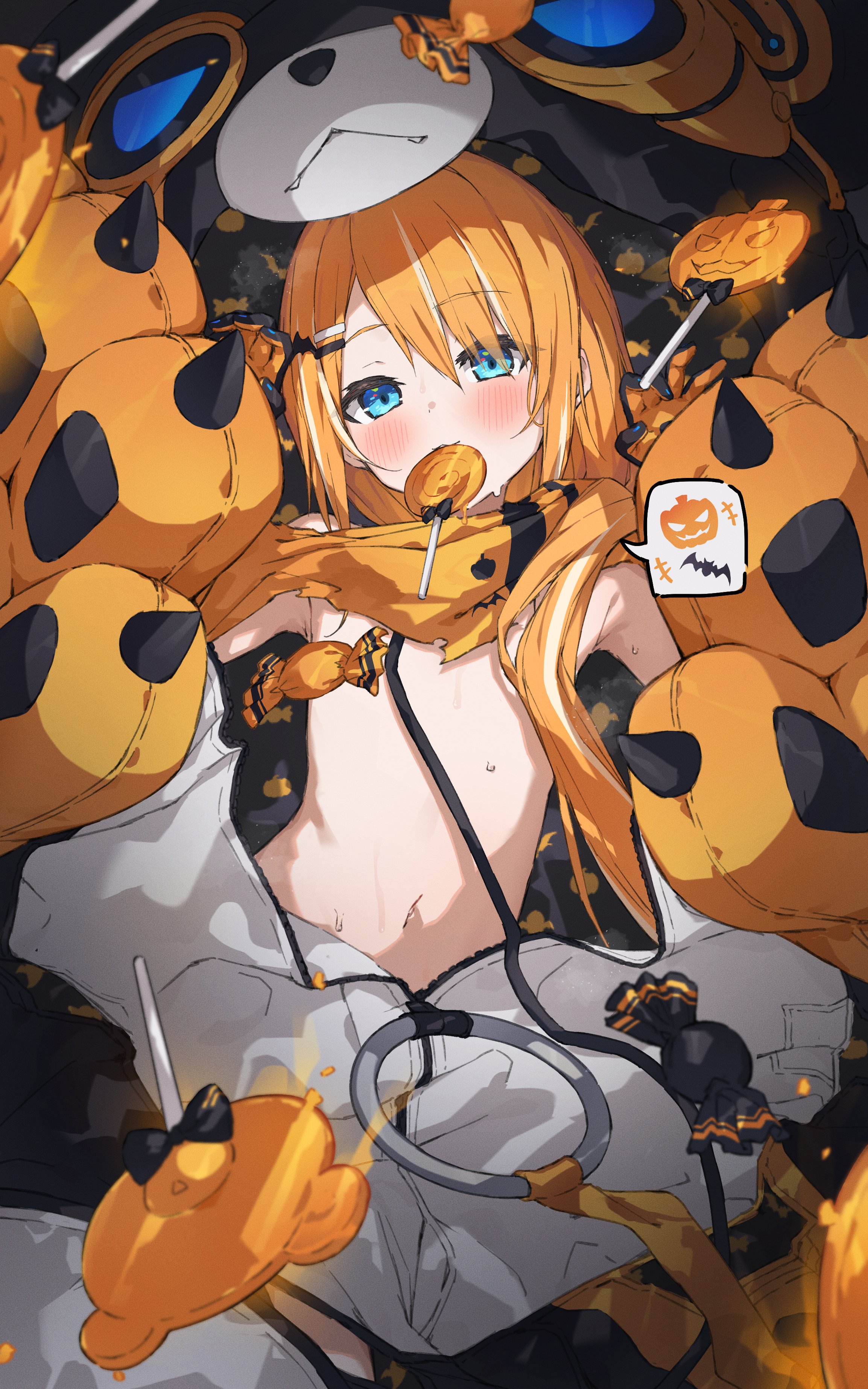 nemeneko 6, sennen sensou aigis, absurdres, character request, highres, 1girl, animal hands, blonde hair, blue eyes, blush, candy, candy wrapper, convenient censoring, flat chest, food, food in mouth, gloves, hair ornament, halloween, jack-o'-lantern, lollipop, long hair, looking at viewer, mouth hold, multicolored hair, navel, orange hair, paw gloves, solo, speech bubble, streaked hair, sweat, swirl lollipop