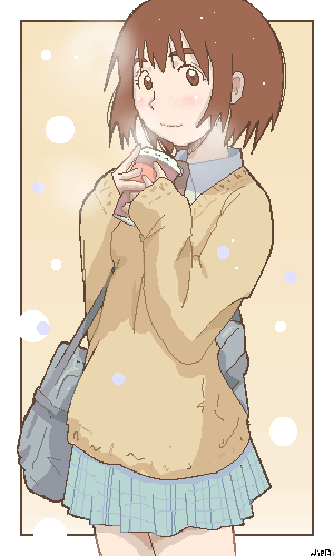 niea, ayase fuuka, yotsubato!, lowres, 1girl, bag, bob cut, border, brown eyes, brown hair, female focus, looking at viewer, miniskirt, oekaki, school bag, school uniform, skirt, solo, thick eyebrows, white border