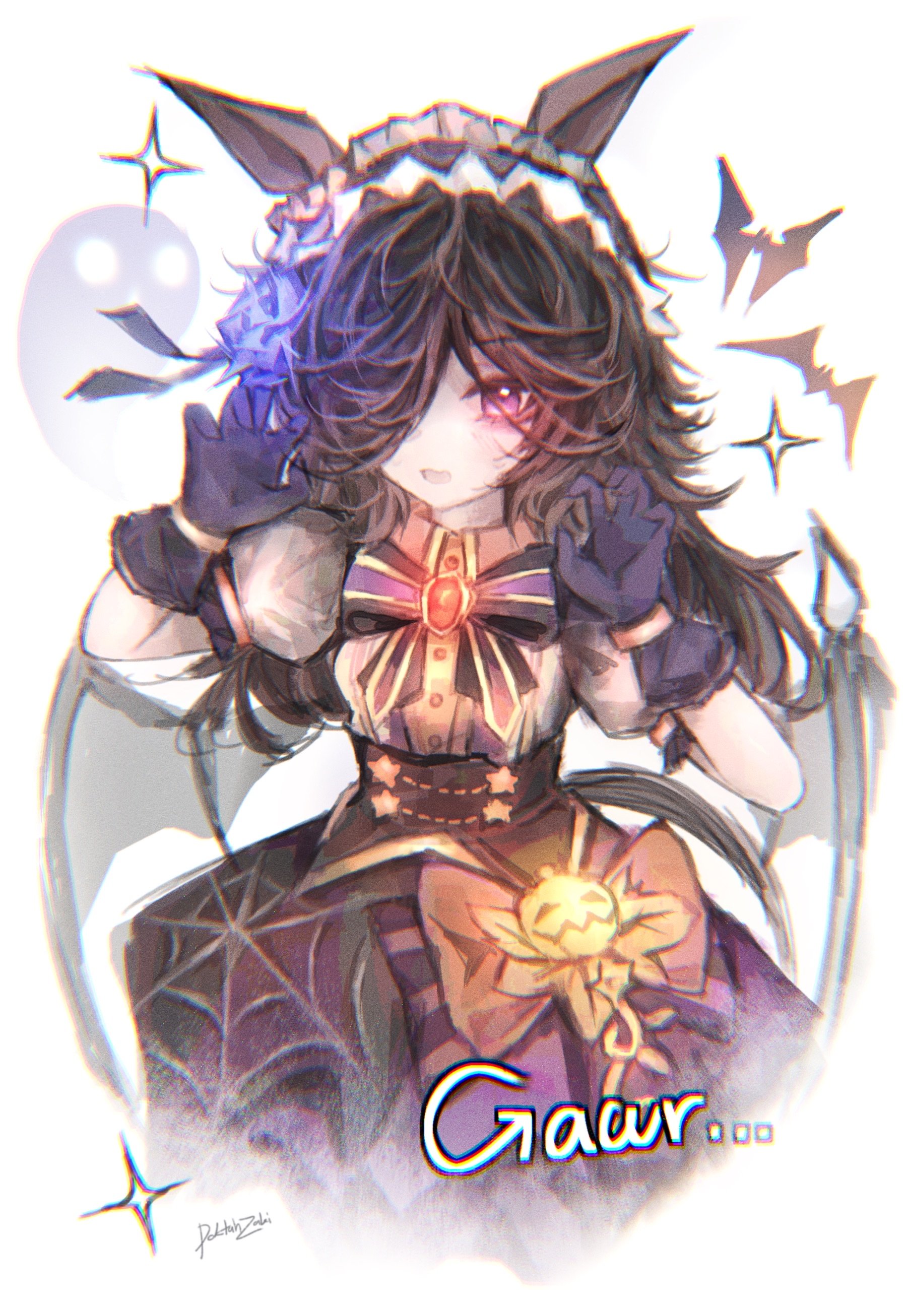 doktahzaki, rice shower (make up vampire!) (umamusume), rice shower (umamusume), umamusume, absurdres, highres, 1girl, animal ears, bat wings, black hair, claw pose, gloves, hair over one eye, hairband, horse ears, horse girl, horse tail, lolita hairband, long hair, looking at viewer, open mouth, purple eyes, purple gloves, purple skirt, shirt, short sleeves, skirt, solo, tail, white hairband, white shirt, wings