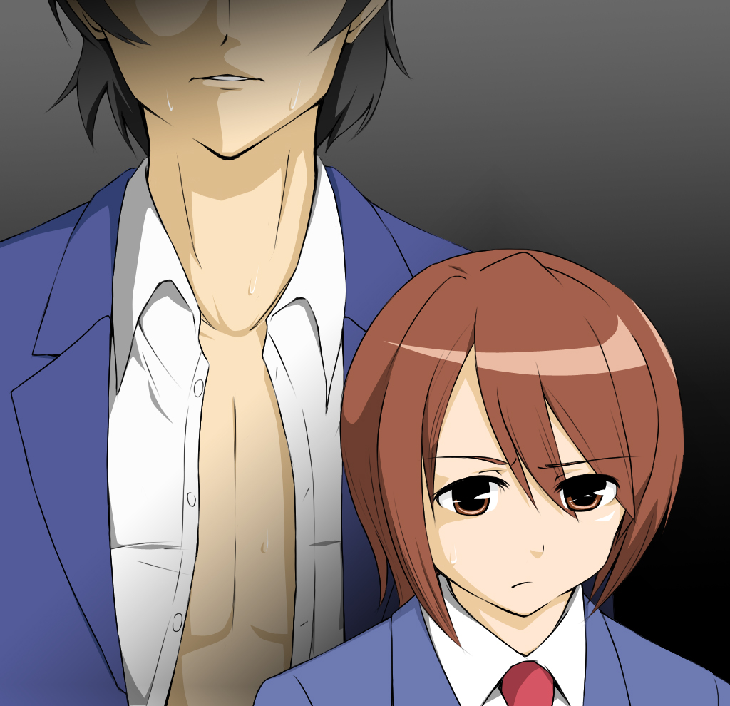 iposi, sanya (iposi), hosaka (minami-ke), maki (minami-ke), minami-ke, 00s, 1boy, 1girl, brown eyes, brown hair, necktie, open clothes, open shirt, school uniform, shirt, sweat, you gonna get raped